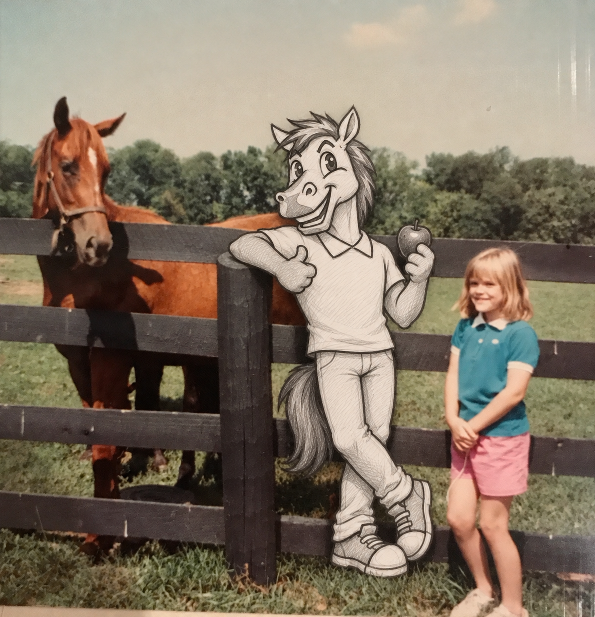 Childhood photo with the Road Apple horse mascot and a Thoroughbred on a Kentucky farm
