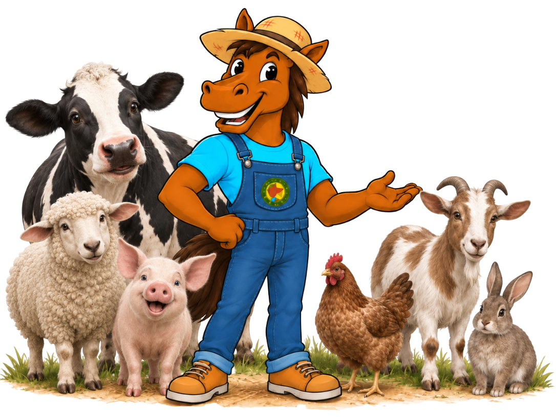 Apple the horse mascot welcoming farmers alongside farm animals