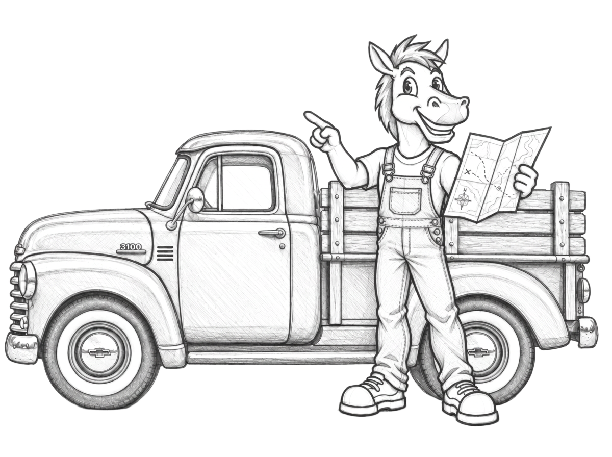 Pencil sketch of the Road Apple horse mascot standing beside a vintage farm truck