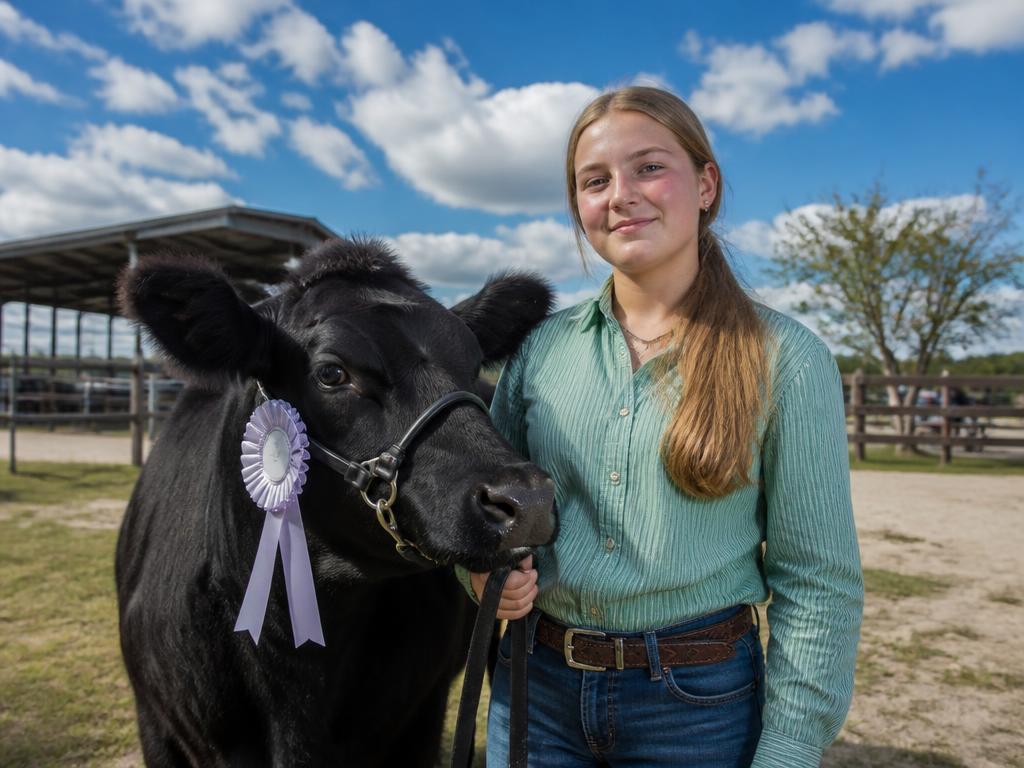Young agricultural exhibitor standing proudly with her show calf